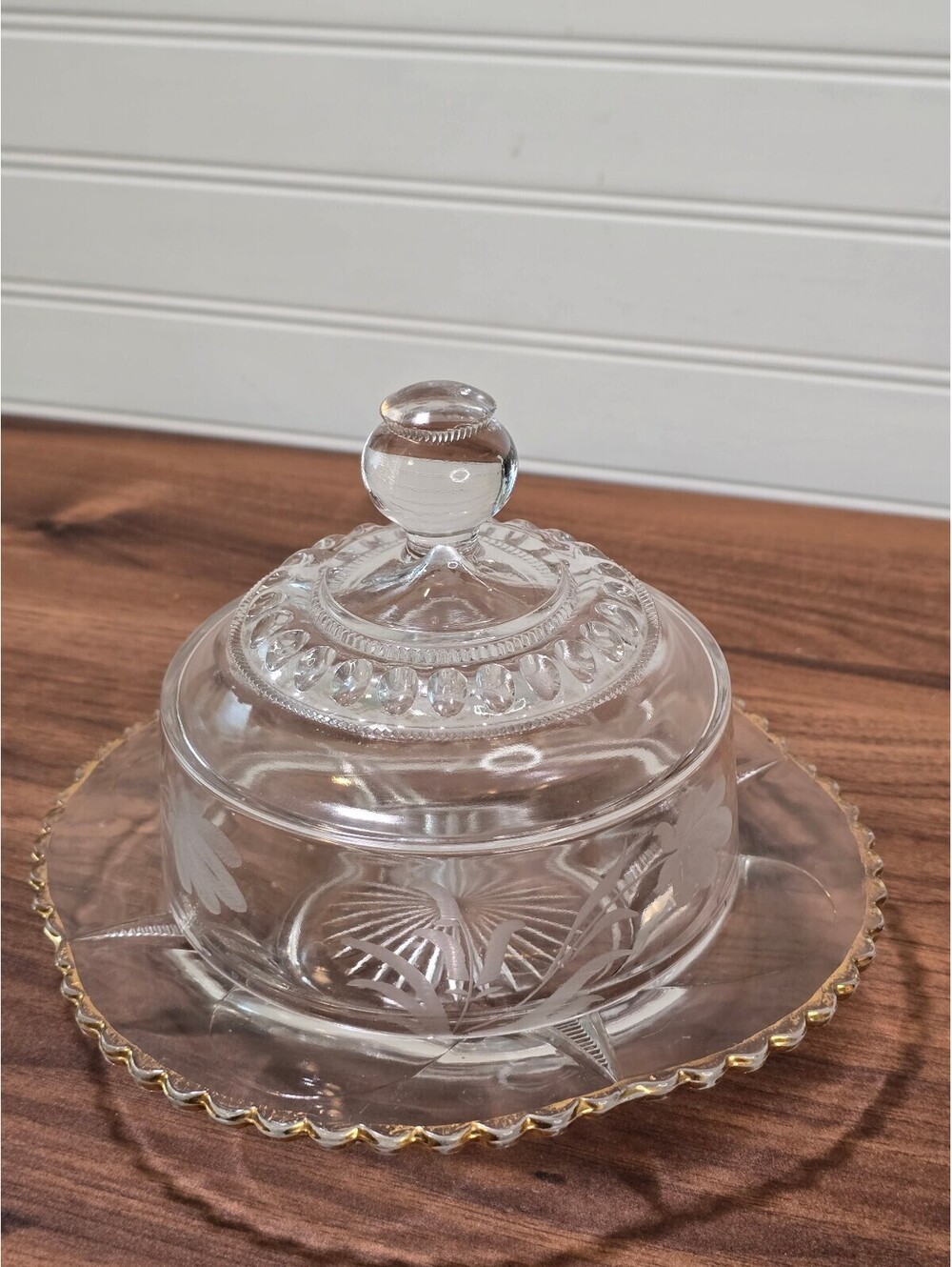Vintage Clear Glass Round Domed Butter Dish Wheel Cut Floral Gold Trim